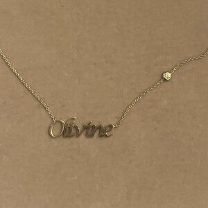 BNWT 14k Solid Yellow Gold Cursive Name Necklace with Diamond Bezel "Olivine"